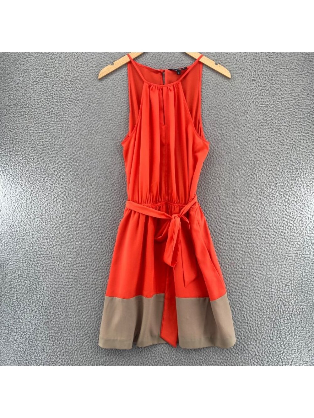 Express Dress Womens Medium Orange Color Block Halter Neck Mini Pockets Belted